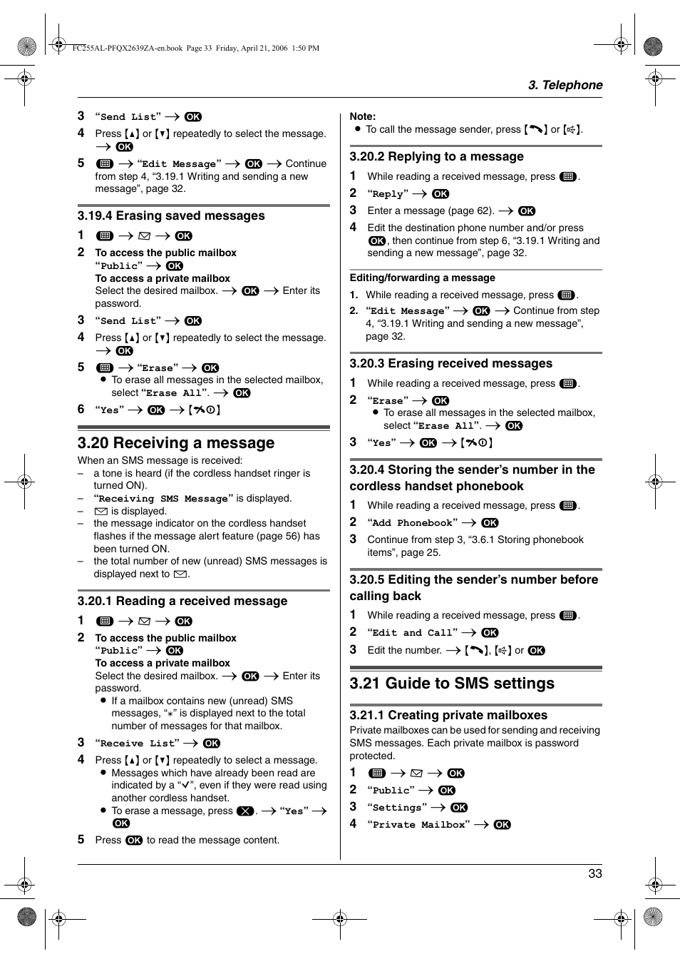 20 receiving a message, 21 guide to sms settings, Receiving a message | Guide to sms settings, 20 receiving a message, 21 guide to sms settings | Panasonic KX-FC255AL User Manual | Page 33 / 84