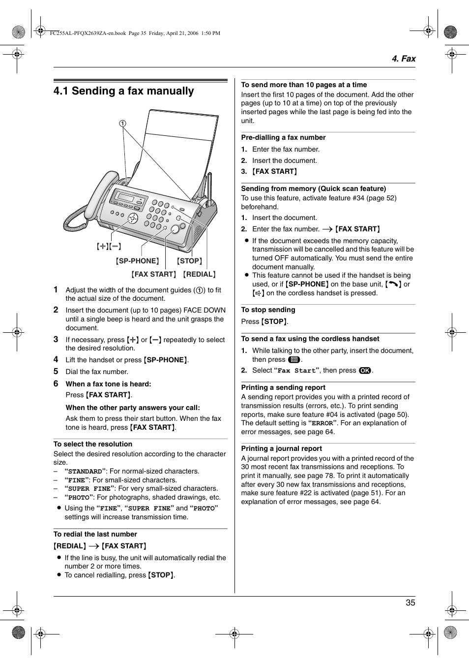 Sending faxes, 1 sending a fax manually, Sending a fax manually | 1 sending a fax manually | Panasonic KX-FC255AL User Manual | Page 35 / 84