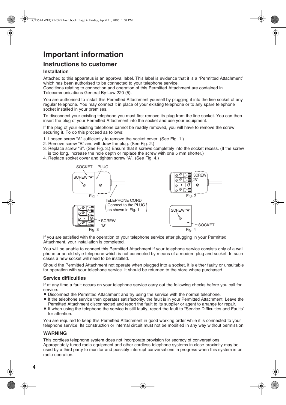Important information, Instructions to customer | Panasonic KX-FC255AL User Manual | Page 4 / 84