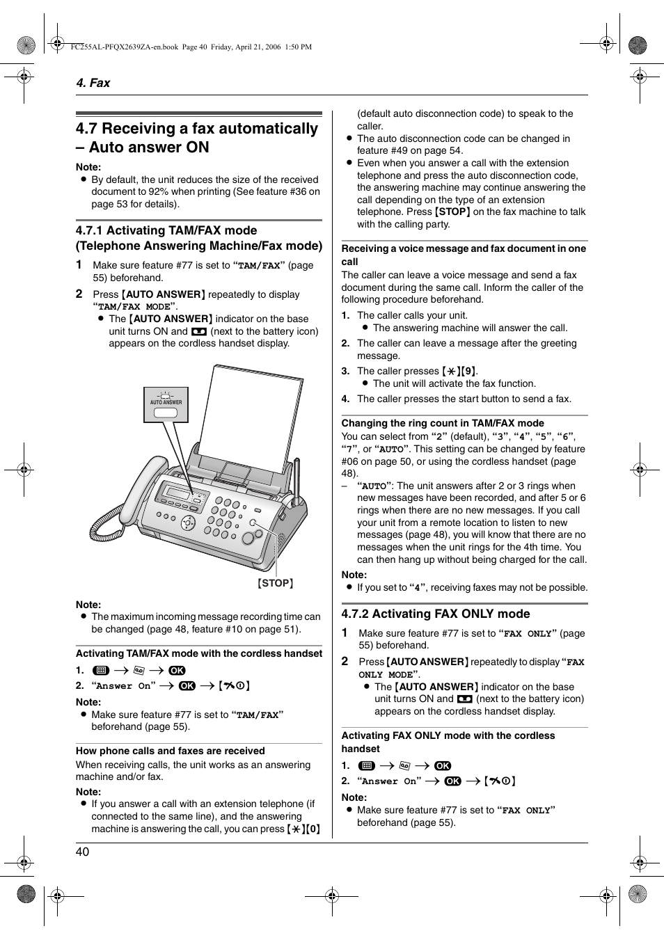 7 receiving a fax automatically – auto answer on, Receiving a fax automatically – auto answer on, 7 receiving a fax automatically – auto answer on | Panasonic KX-FC255AL User Manual | Page 40 / 84