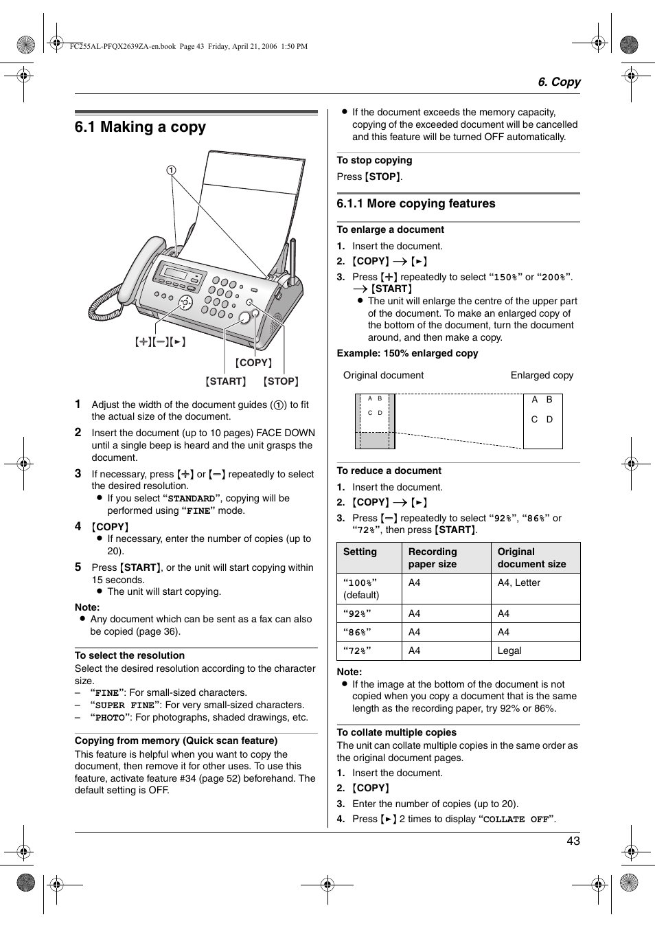 Copy, Copying, 1 making a copy | Making a copy, 1 making a copy | Panasonic KX-FC255AL User Manual | Page 43 / 84