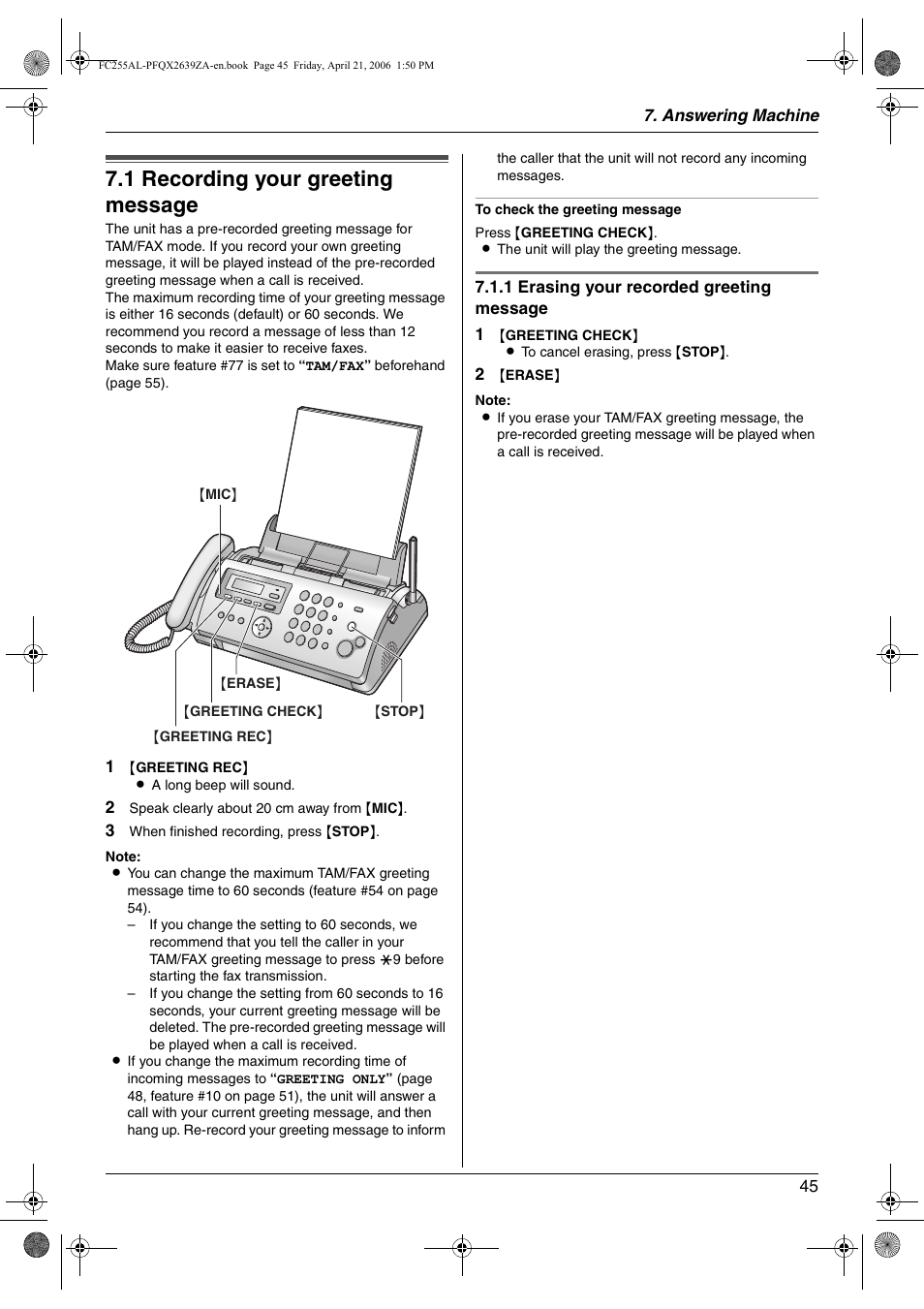 Answering machine, Greeting, 1 recording your greeting message | Recording your greeting message, 1 recording your greeting message | Panasonic KX-FC255AL User Manual | Page 45 / 84