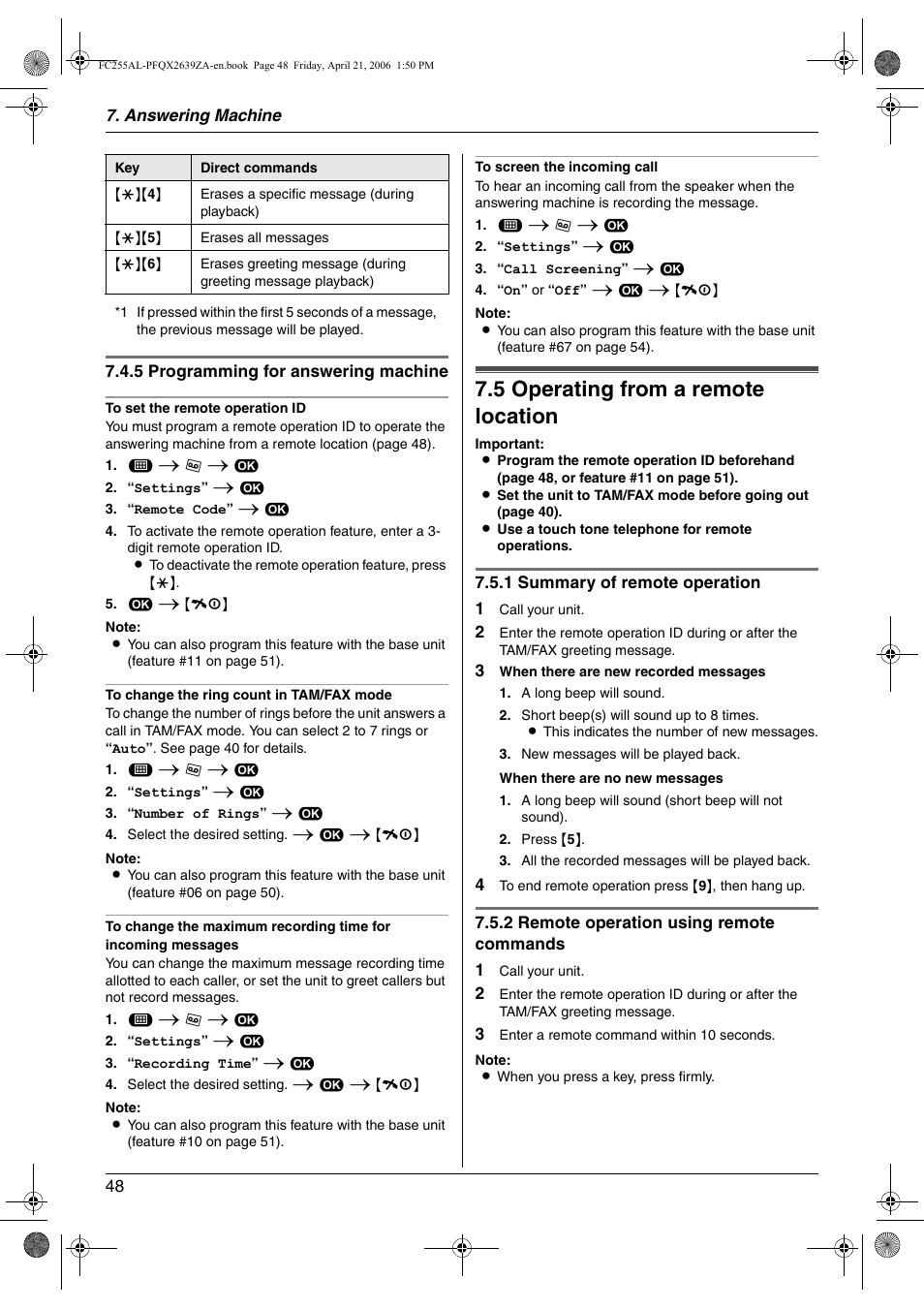 5 operating from a remote location, Operating from a remote location, 48, f | 5 operating from a remote location | Panasonic KX-FC255AL User Manual | Page 48 / 84