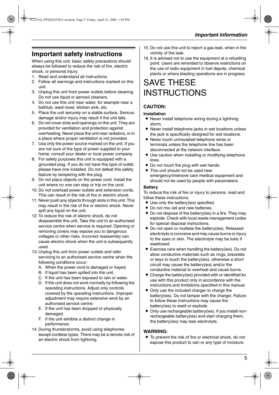 Important information, Safety instructions, Important safety instructions | Save these instructions | Panasonic KX-FC255AL User Manual | Page 5 / 84