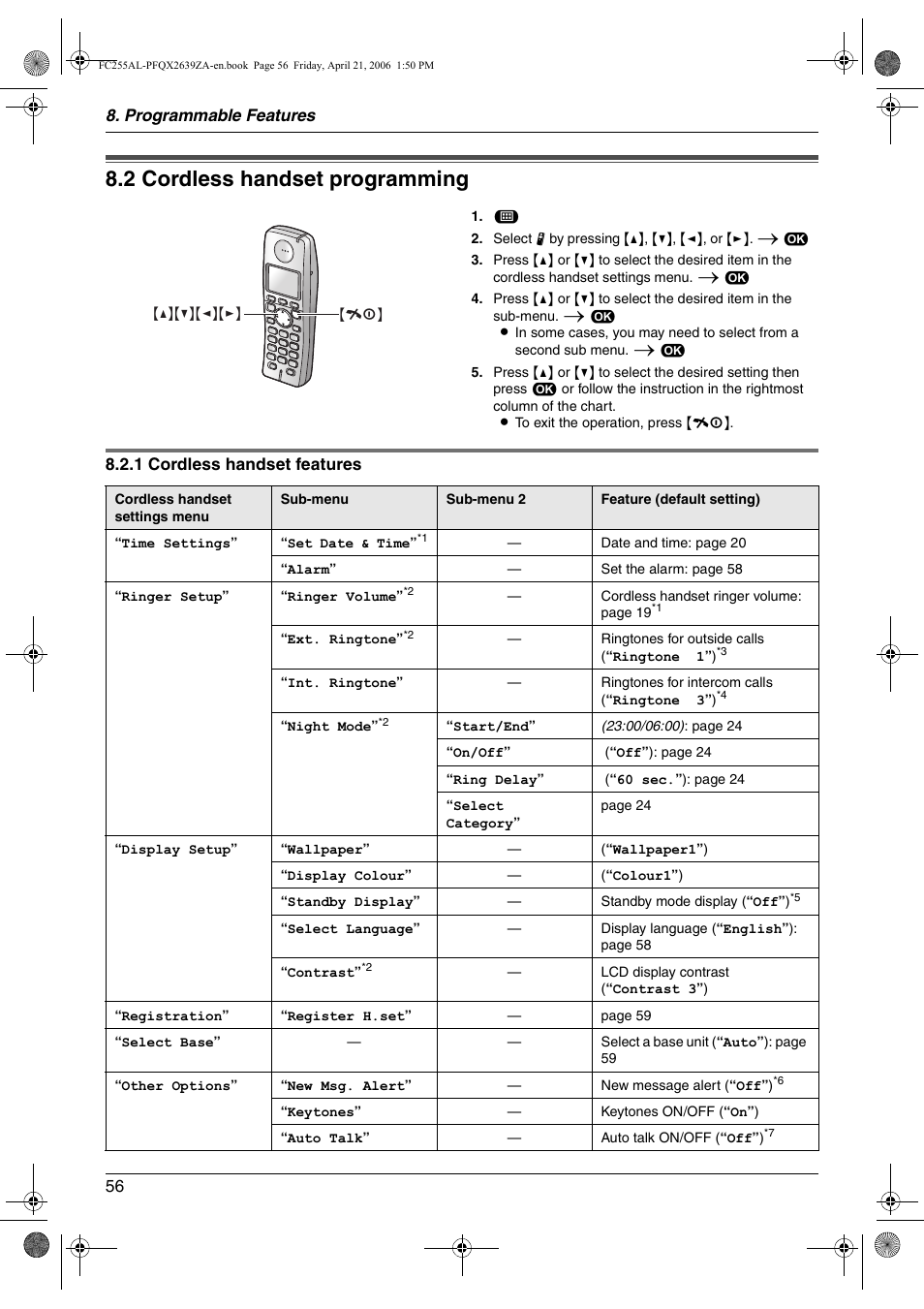 Cordless handset, 2 cordless handset programming, Cordless handset programming | 2 cordless handset programming | Panasonic KX-FC255AL User Manual | Page 56 / 84