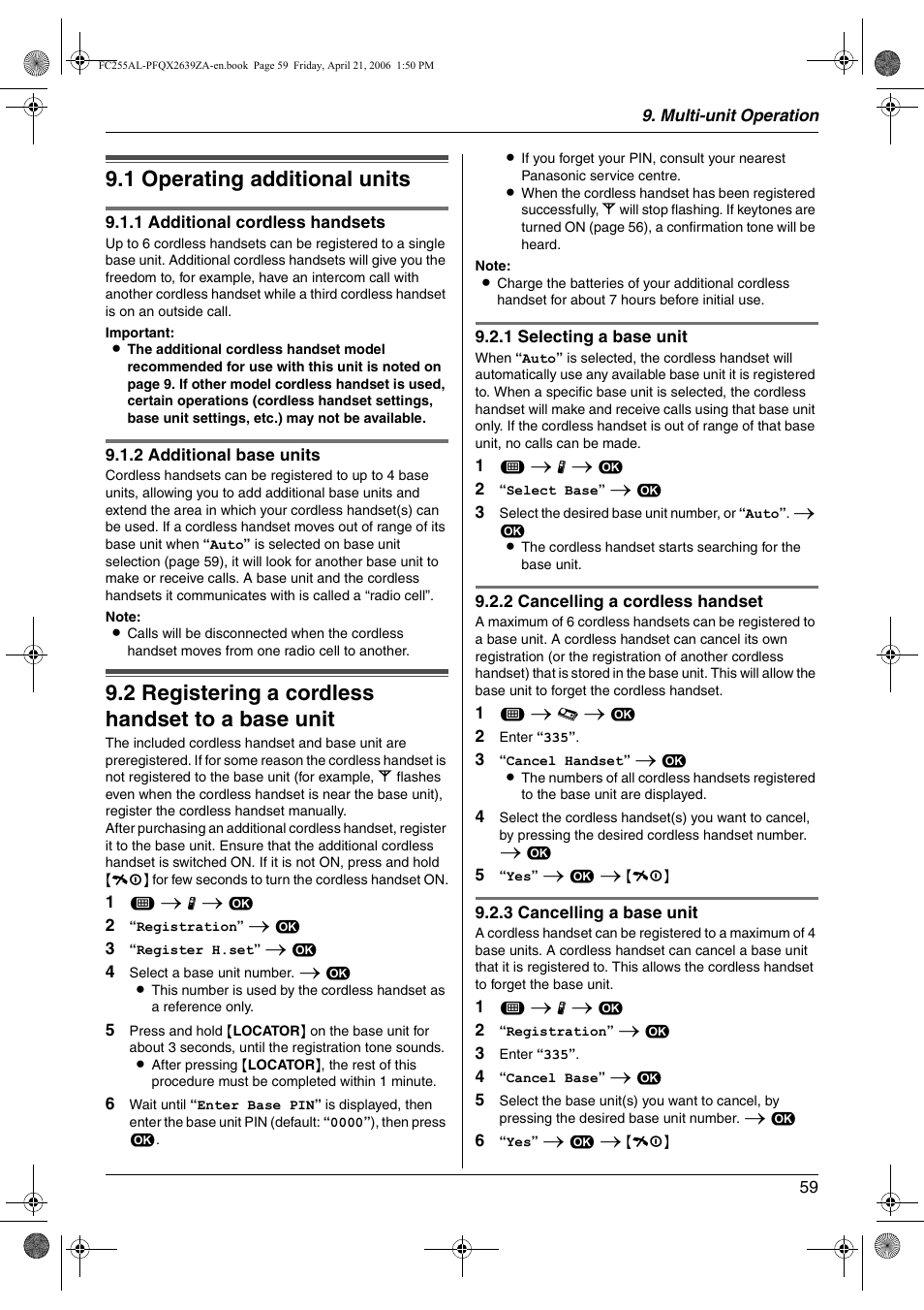 Multi-unit operation, Additional units, 1 operating additional units | 2 registering a cordless handset to a base unit, Operating additional units, Registering a cordless handset to a base unit, 1 operating additional units, 2 registering a cordless handset to a base unit | Panasonic KX-FC255AL User Manual | Page 59 / 84