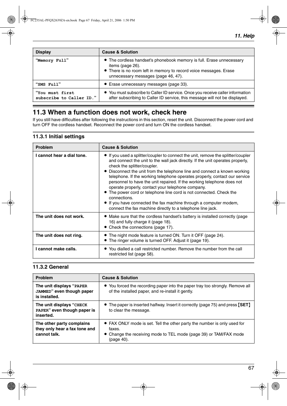 Troubleshooting, 3 when a function does not work, check here, When a function does not work, check here | 3 when a function does not work, check here | Panasonic KX-FC255AL User Manual | Page 67 / 84