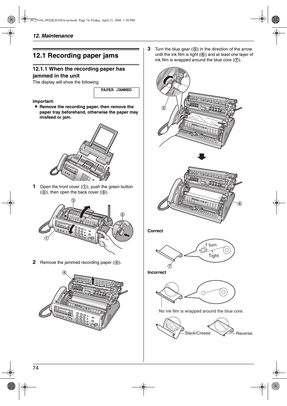 Maintenance, Jams, 1 recording paper jams | Recording paper jams, 1 recording paper jams | Panasonic KX-FC255AL User Manual | Page 74 / 84