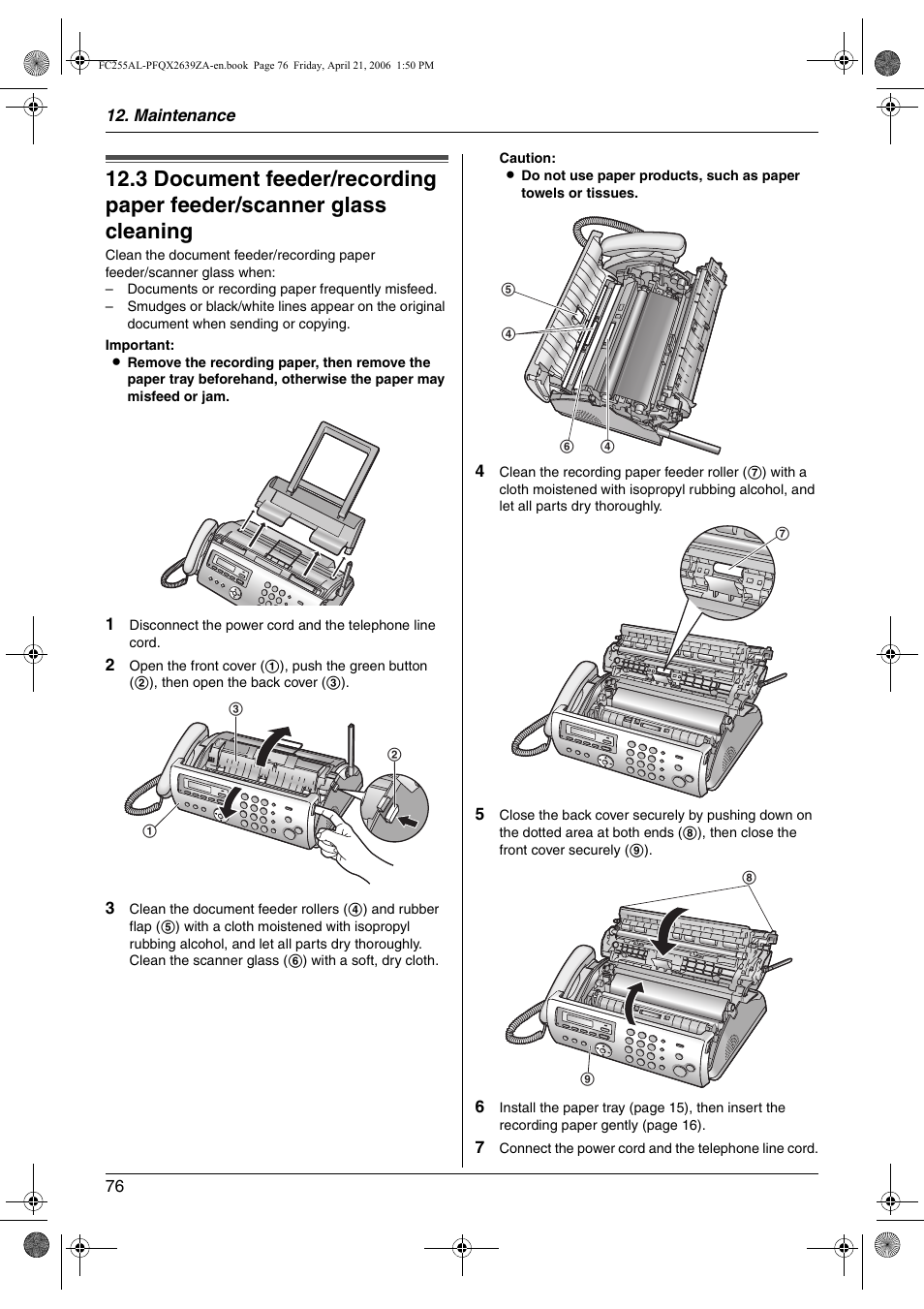 Cleaning, Document feeder/recording paper feeder, Scanner glass cleaning | Panasonic KX-FC255AL User Manual | Page 76 / 84