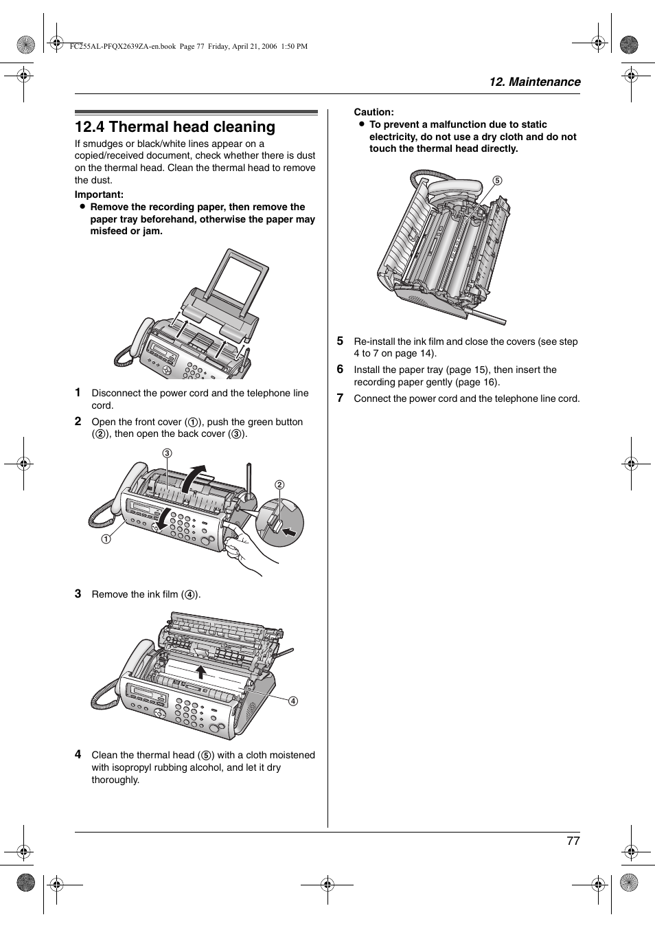 4 thermal head cleaning, Thermal head cleaning, 4 thermal head cleaning | Panasonic KX-FC255AL User Manual | Page 77 / 84