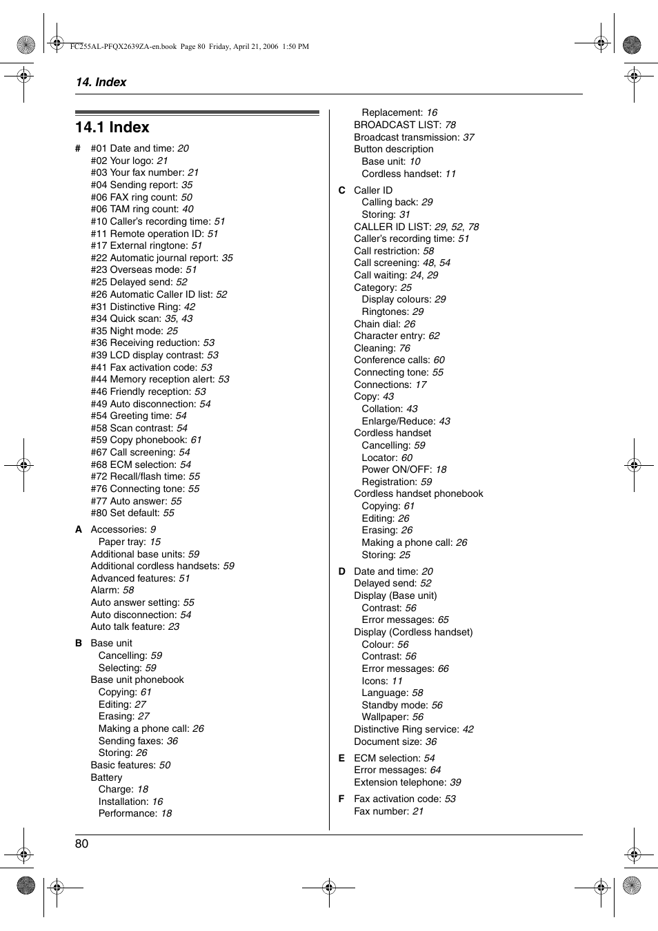 Index, 1 index | Panasonic KX-FC255AL User Manual | Page 80 / 84