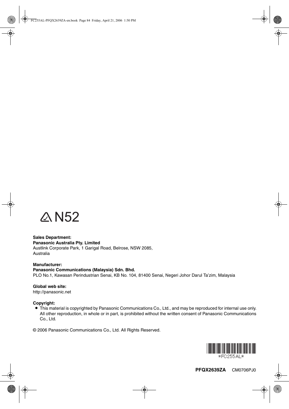 Panasonic KX-FC255AL User Manual | Page 84 / 84
