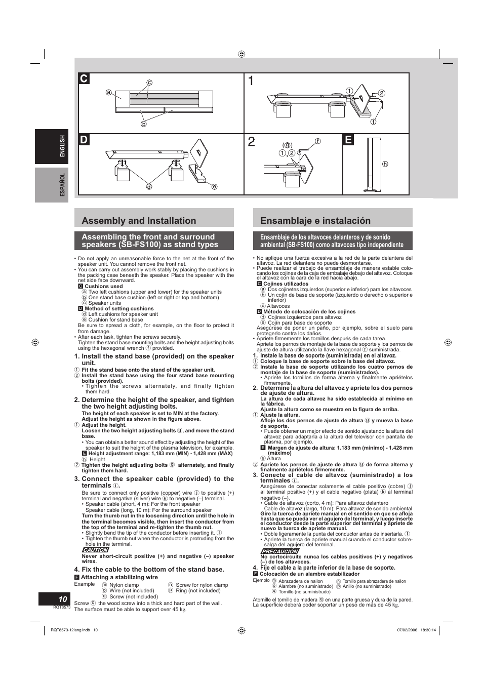 Assembly and installation, Ensamblaje e instalación | Panasonic SB-TP100 User Manual | Page 10 / 64