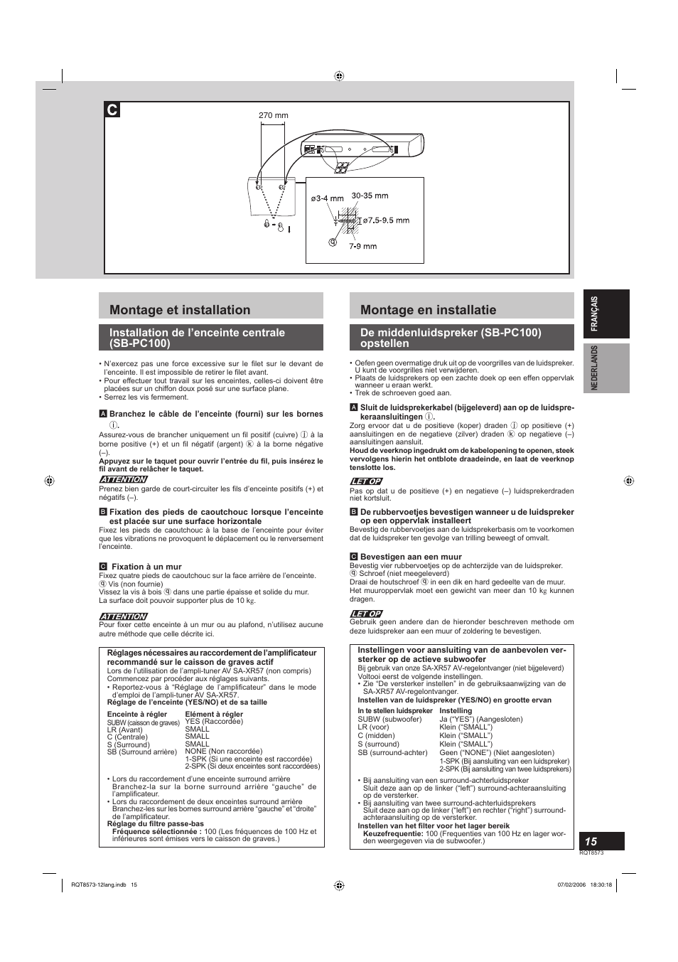 Montage et installation, Montage en installatie, Installation de l’enceinte centrale (sb-pc100) | De middenluidspreker (sb-pc100) opstellen | Panasonic SB-TP100 User Manual | Page 15 / 64