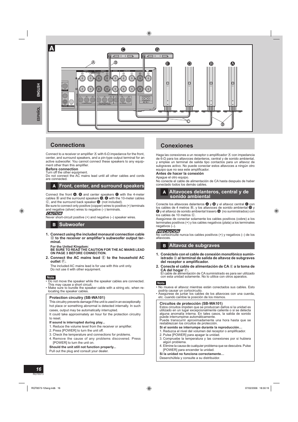 Connections, Conexiones, Front, center, and surround speakers | Subwoofer, Altavoz de subgraves | Panasonic SB-TP100 User Manual | Page 16 / 64