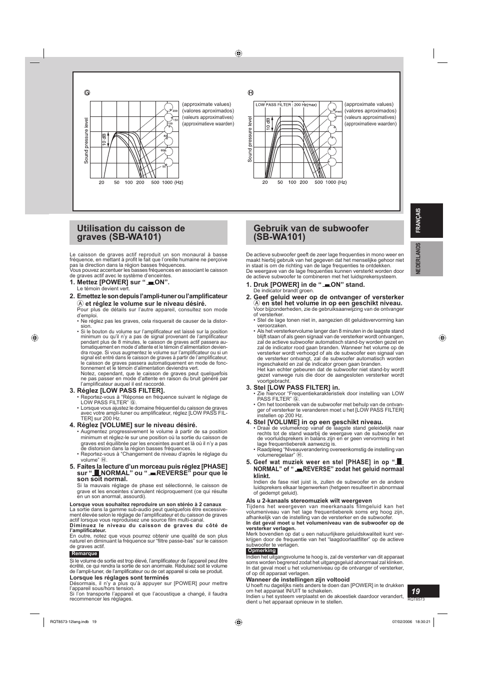 Utilisation du caisson de graves (sb-wa101), Gebruik van de subwoofer (sb-wa101) | Panasonic SB-TP100 User Manual | Page 19 / 64