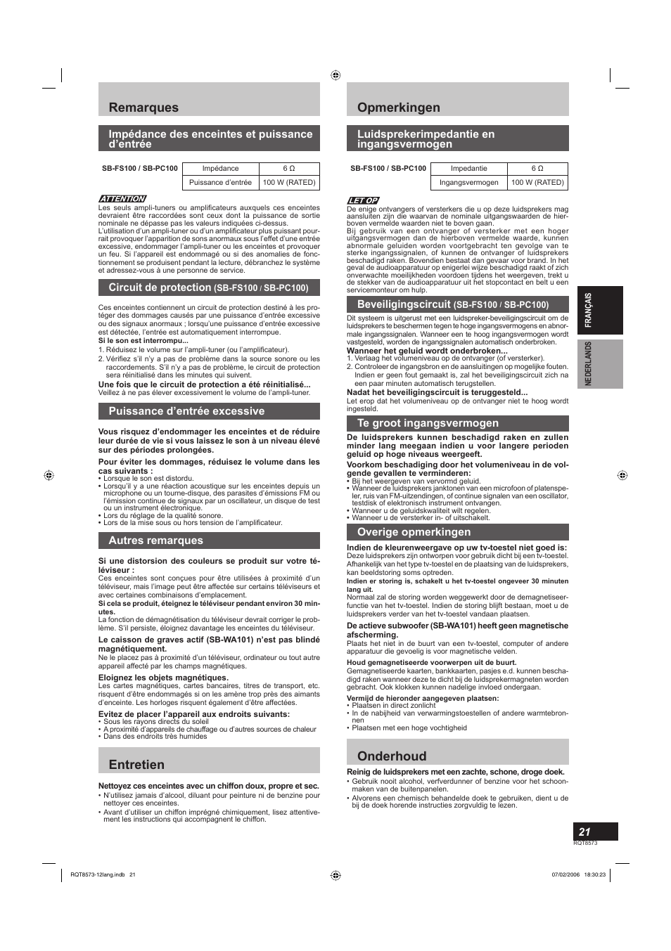 Remarques, Entretien, Opmerkingen | Onderhoud, Impédance des enceintes et puissance d’entrée, Circuit de protection, Puissance d’entrée excessive, Autres remarques, Luidsprekerimpedantie en ingangsvermogen, Beveiligingscircuit | Panasonic SB-TP100 User Manual | Page 21 / 64