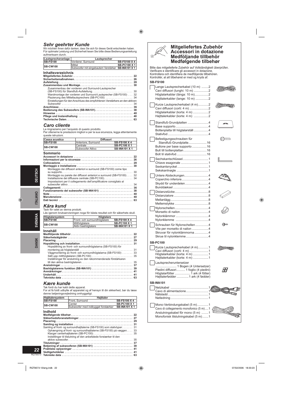 Sehr geehrter kunde, Caro cliente, Kära kund | Kære kunde | Panasonic SB-TP100 User Manual | Page 22 / 64