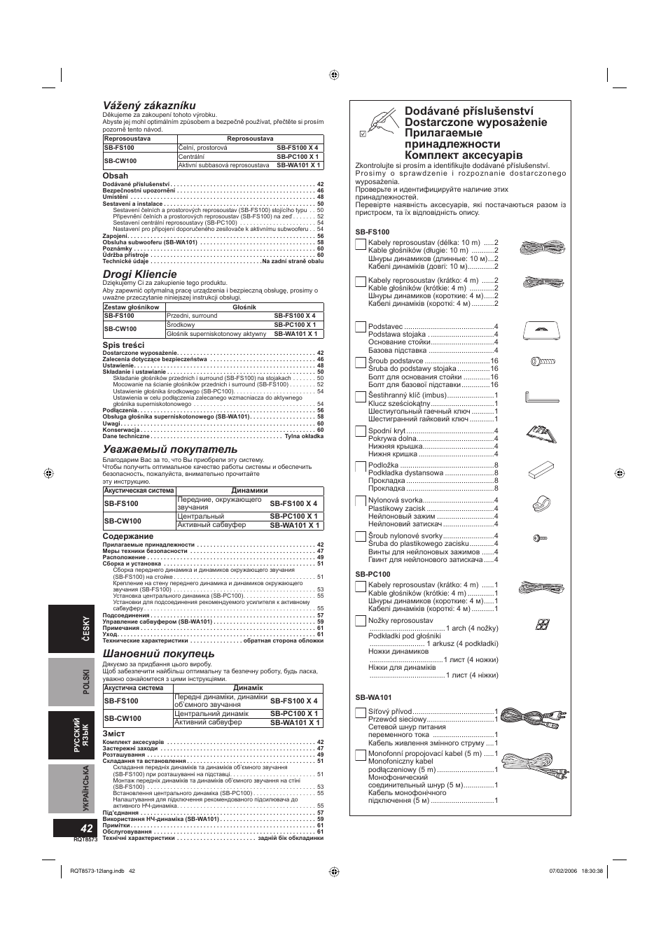 Vážený zákazníku, Drogi kliencie, Уважаемый покупатель | Шановний покупець | Panasonic SB-TP100 User Manual | Page 42 / 64