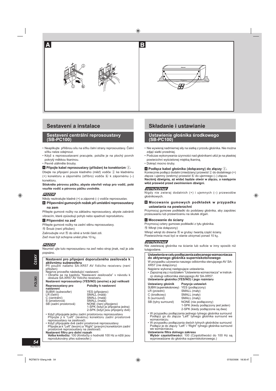 Sestavení a instalace, Składanie i ustawianie, Sestavení centrální reprosoustavy (sb-pc100) | Ustawienie głośnika środkowego (sb-pc100) | Panasonic SB-TP100 User Manual | Page 54 / 64