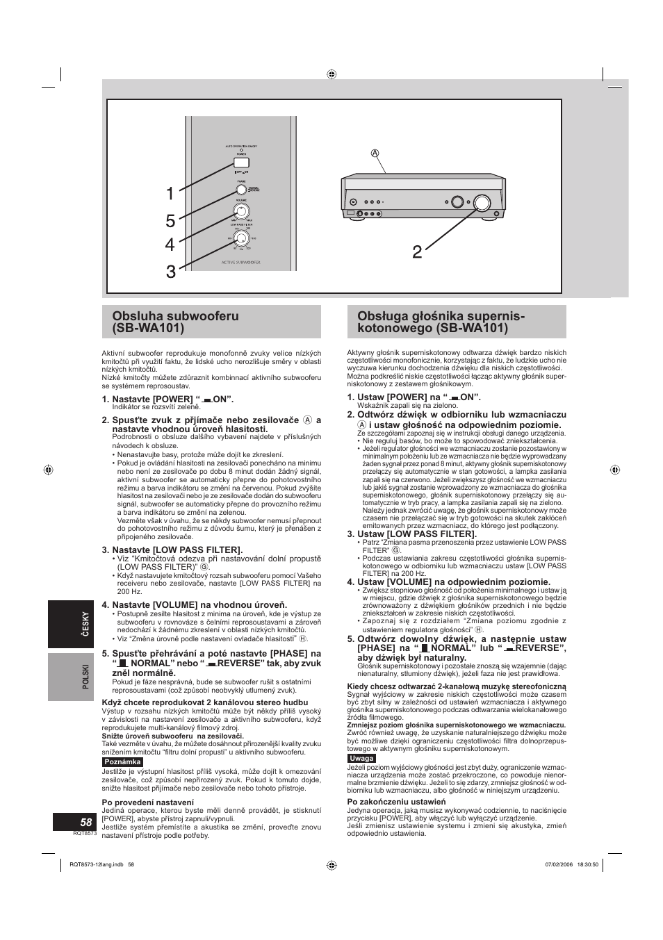 Obsluha subwooferu (sb-wa101), Obsługa głośnika supernis- kotonowego (sb-wa101) | Panasonic SB-TP100 User Manual | Page 58 / 64