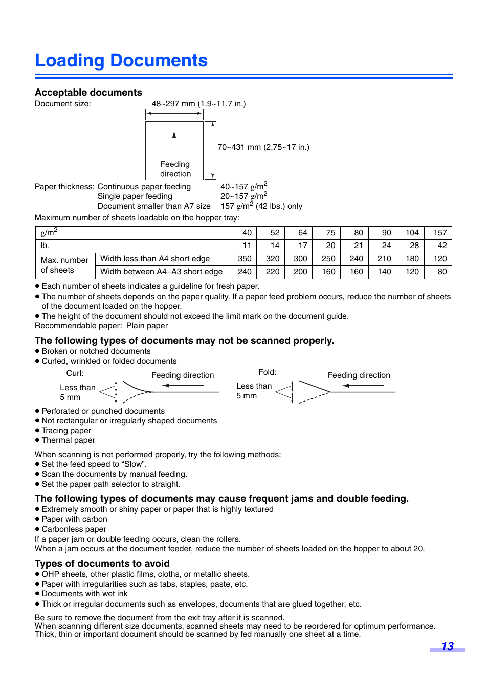 Loading documents, Acceptable documents, Types of documents to avoid | Panasonic KV-S3065CW User Manual | Page 13 / 40