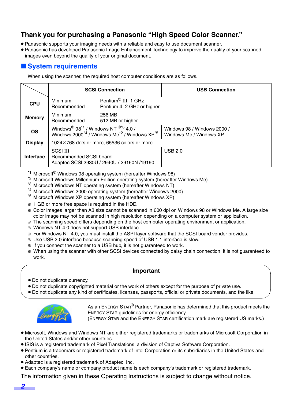 System requirements, Important | Panasonic KV-S3065CW User Manual | Page 2 / 40