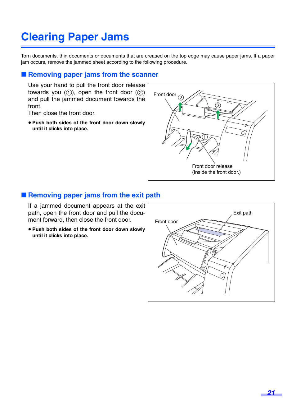 Clearing paper jams, Removing paper jams from the scanner, Removing paper jams from the exit path | Panasonic KV-S3065CW User Manual | Page 21 / 40