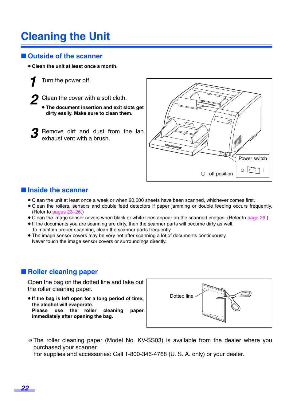 Cleaning the unit, Outside of the scanner, Inside the scanner | Roller cleaning paper | Panasonic KV-S3065CW User Manual | Page 22 / 40