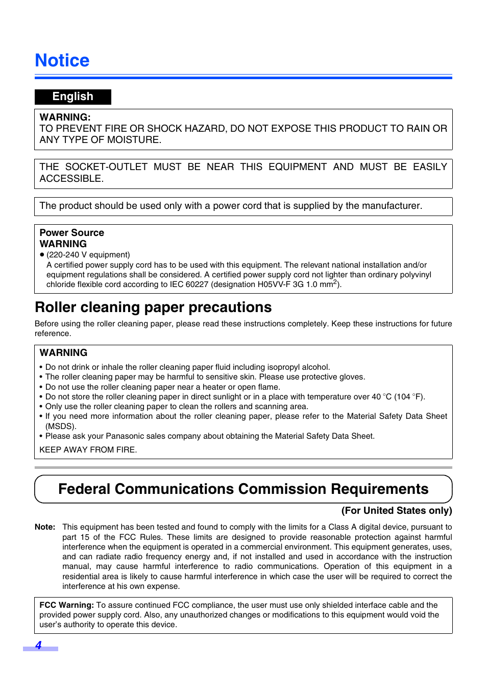 Notice, Roller cleaning paper precautions, Federal communications commission requirements | English | Panasonic KV-S3065CW User Manual | Page 4 / 40