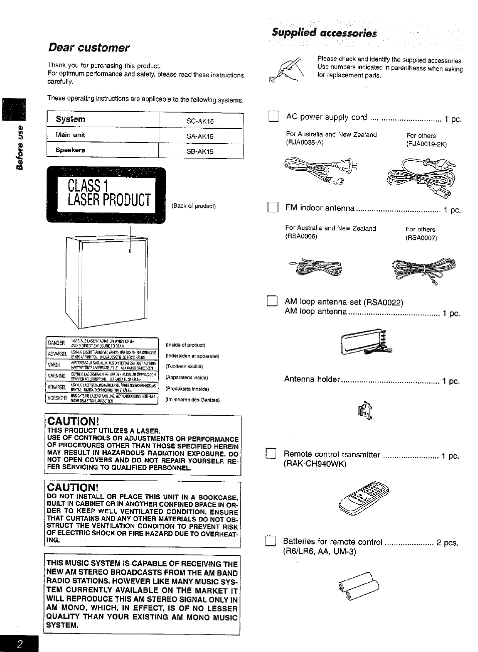 Caution, Dear customer, Supplied aetaesorìes | Panasonic SC-AK15 User Manual | Page 2 / 36