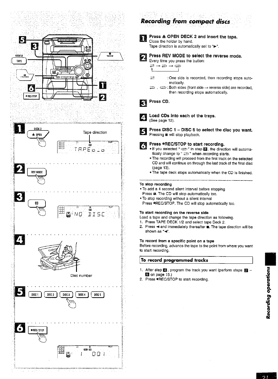 Press rev mode to select the reverse mode, Recording ftom cpnipact discs | Panasonic SC-AK15 User Manual | Page 21 / 36