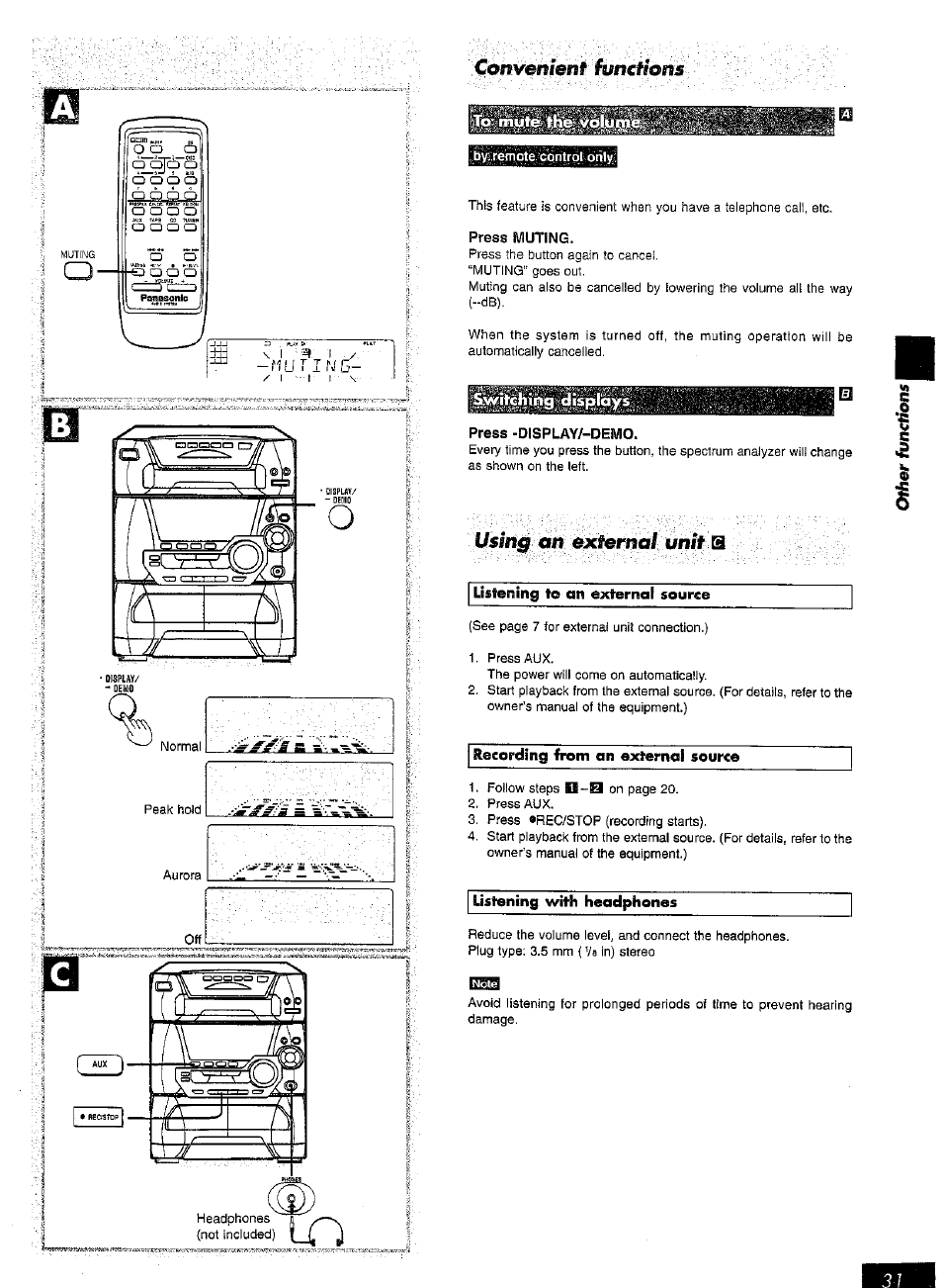 Cbnfvehfenf htncfions, Ilg-s'iirwi'ilffiieai, Listening to an external source | Recording from an external source, Listening with headphones, Cbnfvehfenf, Vssng an exfetngf vnft b | Panasonic SC-AK15 User Manual | Page 31 / 36