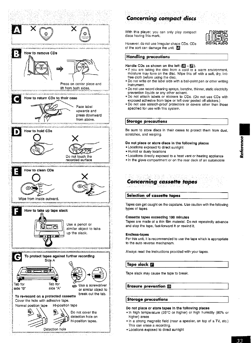 Iose, Handsiìì9 precautions, Cpiicerhmg œmpacf æscs | Cassèffé tapes, Concemmg | Panasonic SC-AK15 User Manual | Page 33 / 36