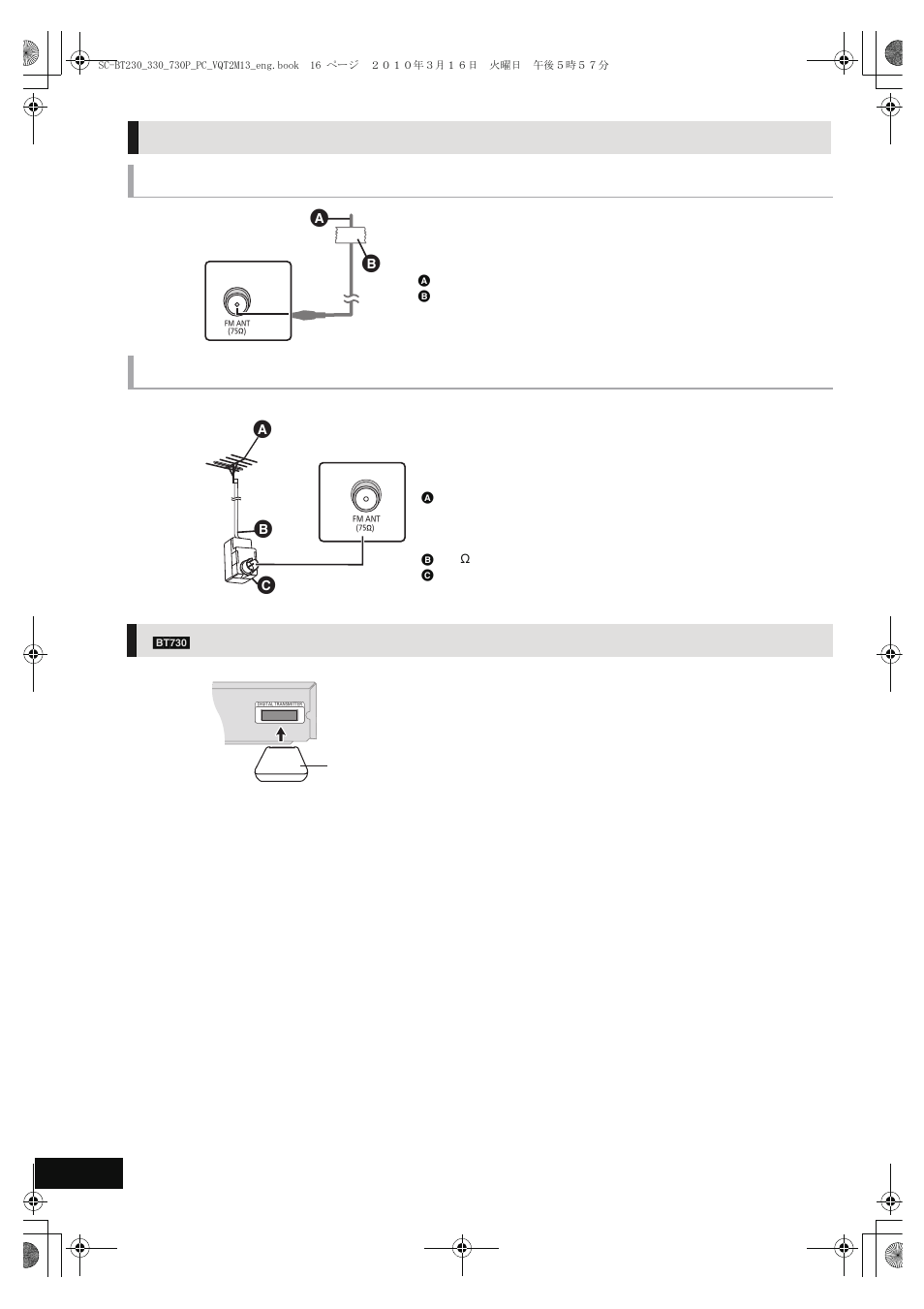 Radio antenna connection, Digital transmitter connection, Using an indoor antenna | Using an outdoor antenna | Panasonic SC-BT330 User Manual | Page 16 / 52