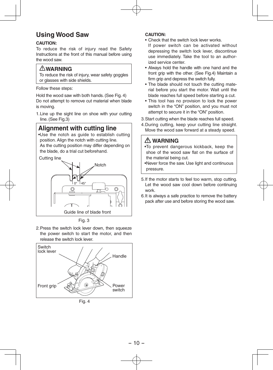 Using wood saw, Alignment with cutting line, Warning | Panasonic EY3551 User Manual | Page 10 / 48