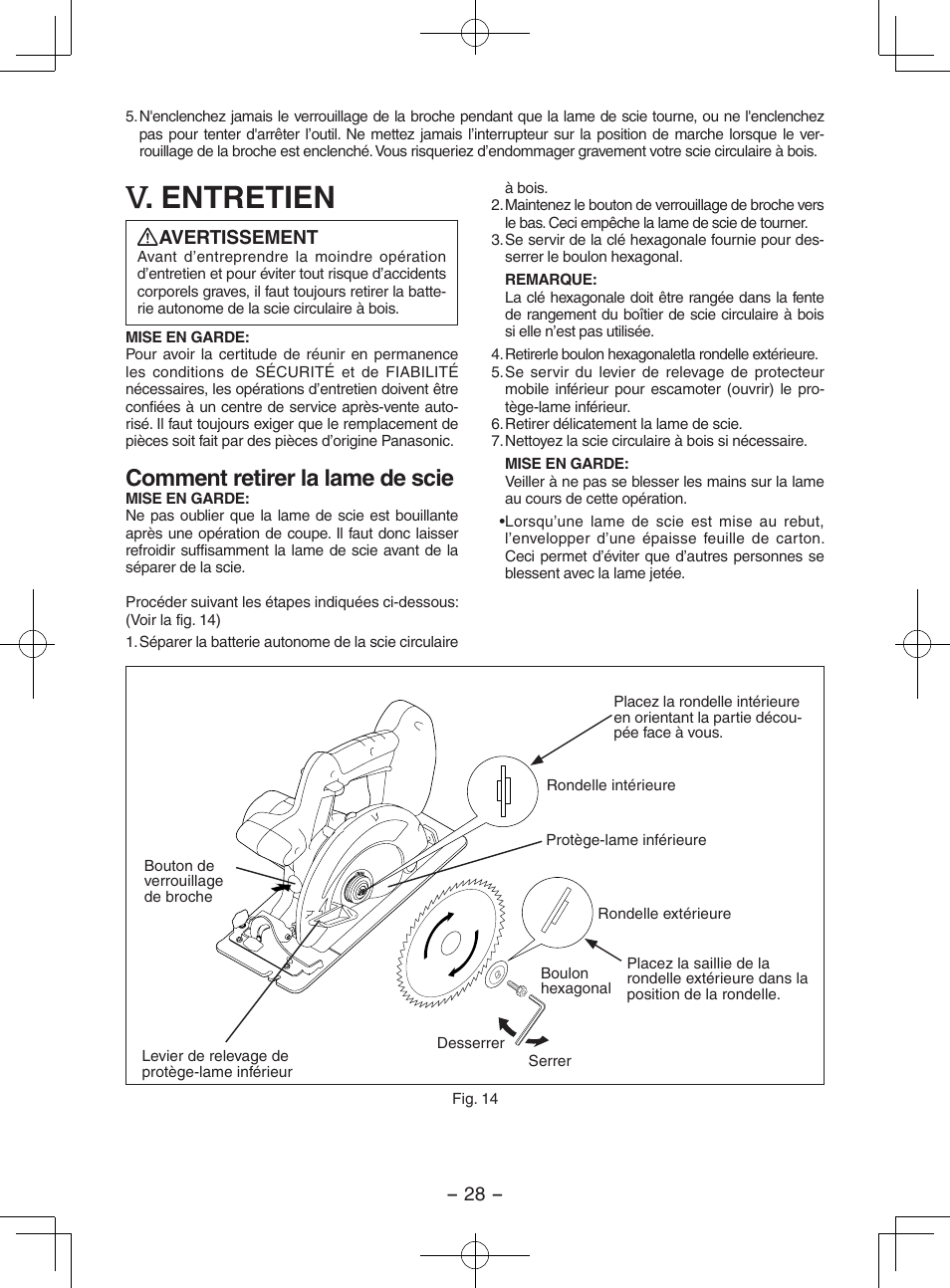 Entretien, Comment retirer la lame de scie | Panasonic EY3551 User Manual | Page 28 / 48