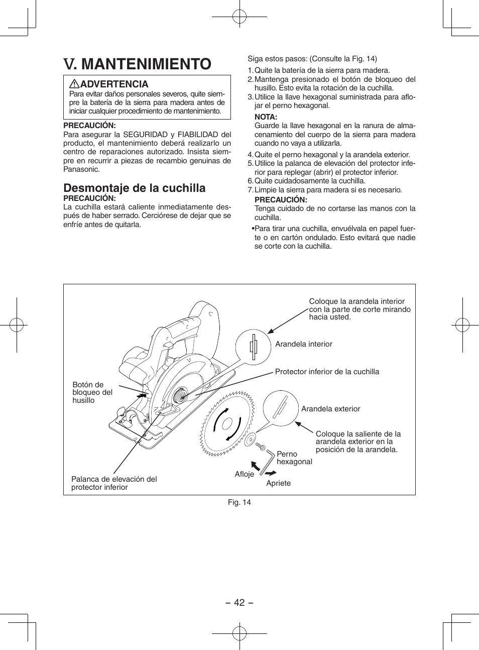 Mantenimiento, Desmontaje de la cuchilla | Panasonic EY3551 User Manual | Page 42 / 48