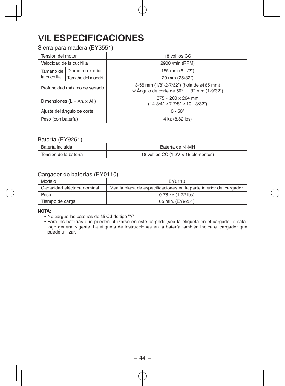 Especificaciones | Panasonic EY3551 User Manual | Page 44 / 48