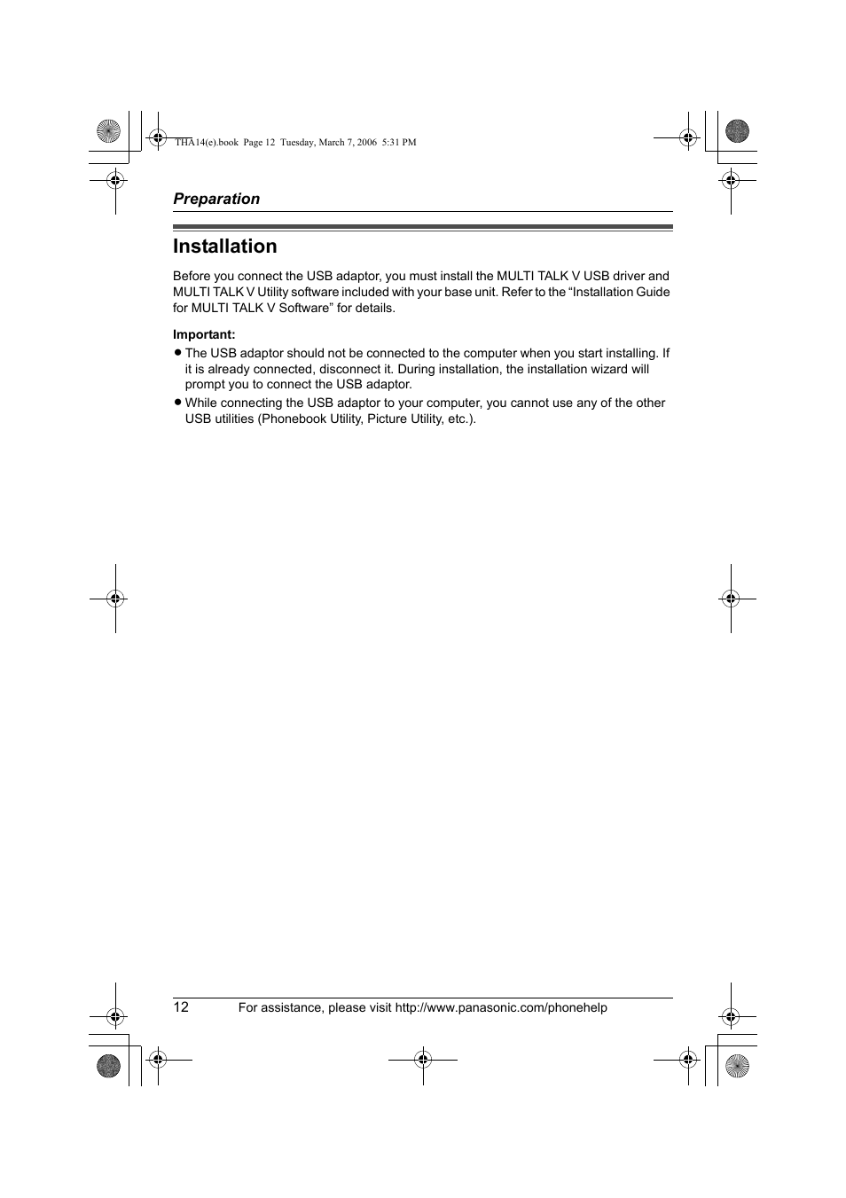 Installation | Panasonic KX-THA14 User Manual | Page 12 / 44