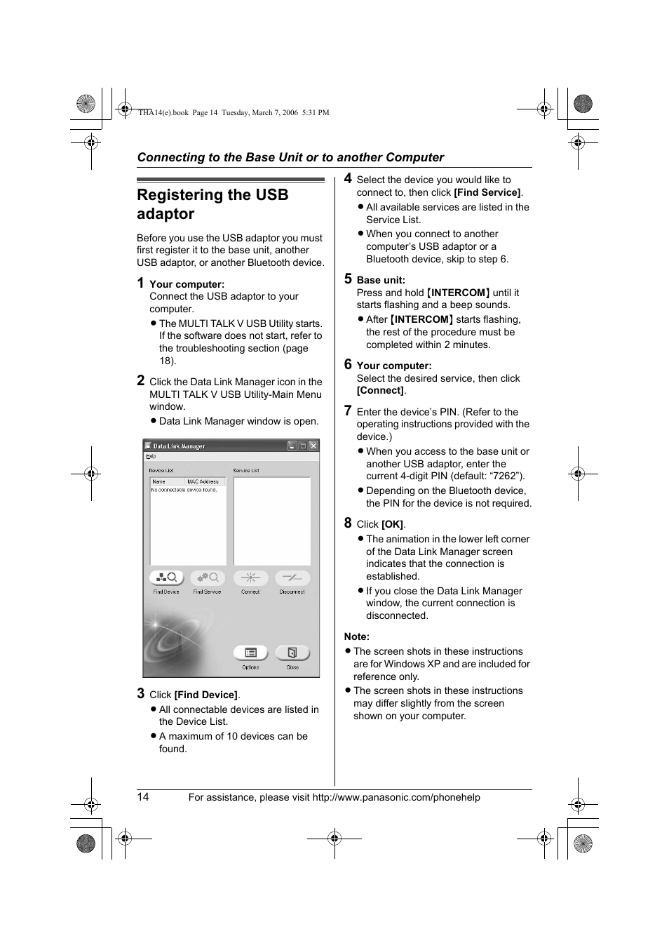 Connecting to the base unit or to another computer, Registering the usb adaptor | Panasonic KX-THA14 User Manual | Page 14 / 44