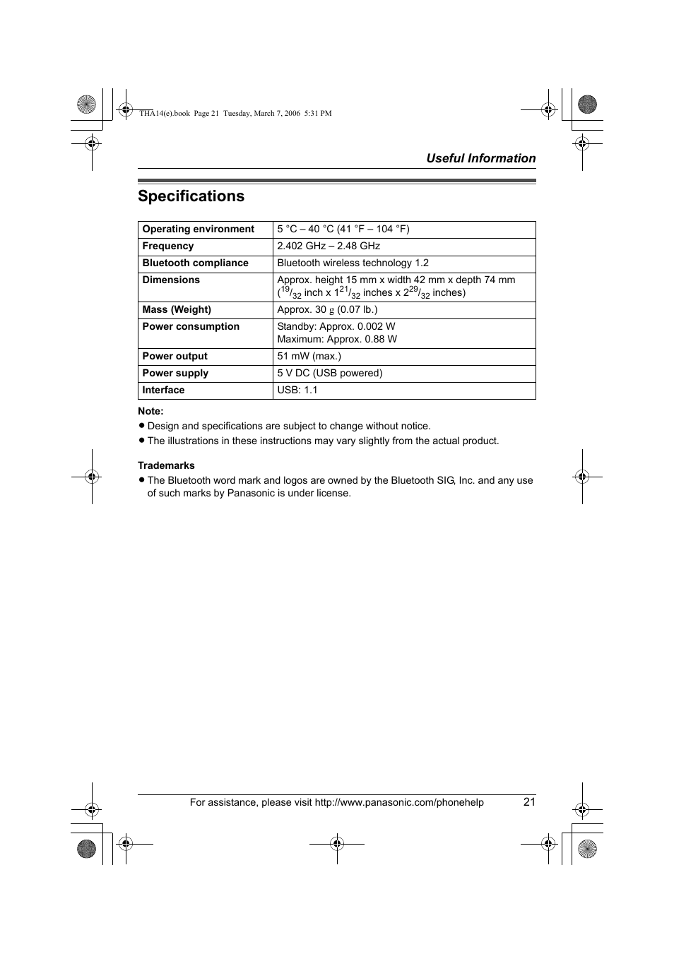 Specifications | Panasonic KX-THA14 User Manual | Page 21 / 44