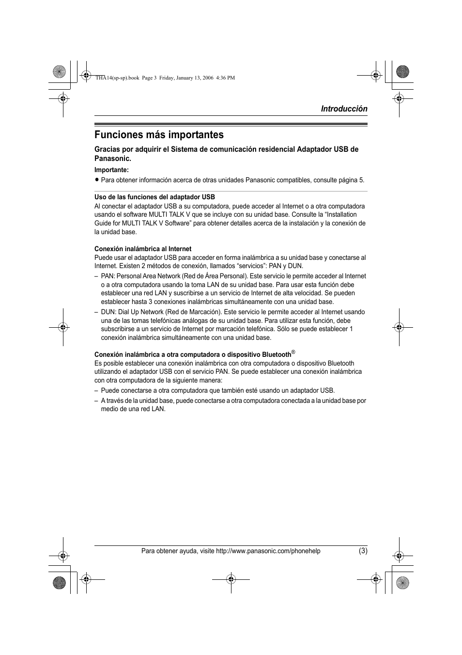 Introduccion, Funciones mas importantes, Funciones más importantes | Panasonic KX-THA14 User Manual | Page 28 / 44