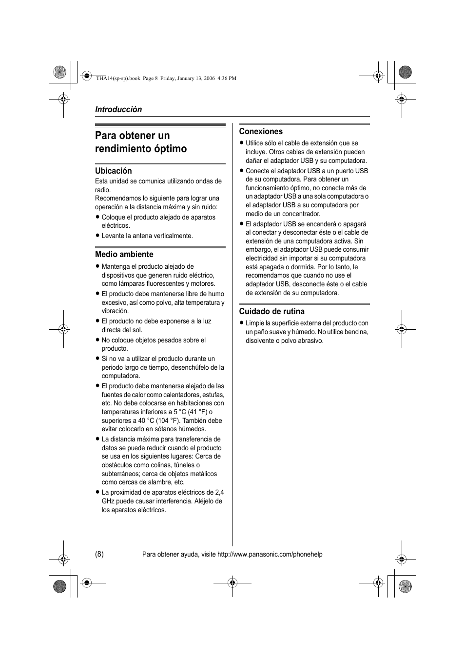 Para obtener un rendimiento optimo, Para obtener un rendimiento óptimo | Panasonic KX-THA14 User Manual | Page 33 / 44