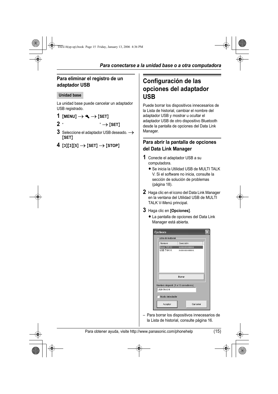 Configuracion de las opciones del adaptador usb, Configuración de las opciones del adaptador usb | Panasonic KX-THA14 User Manual | Page 40 / 44