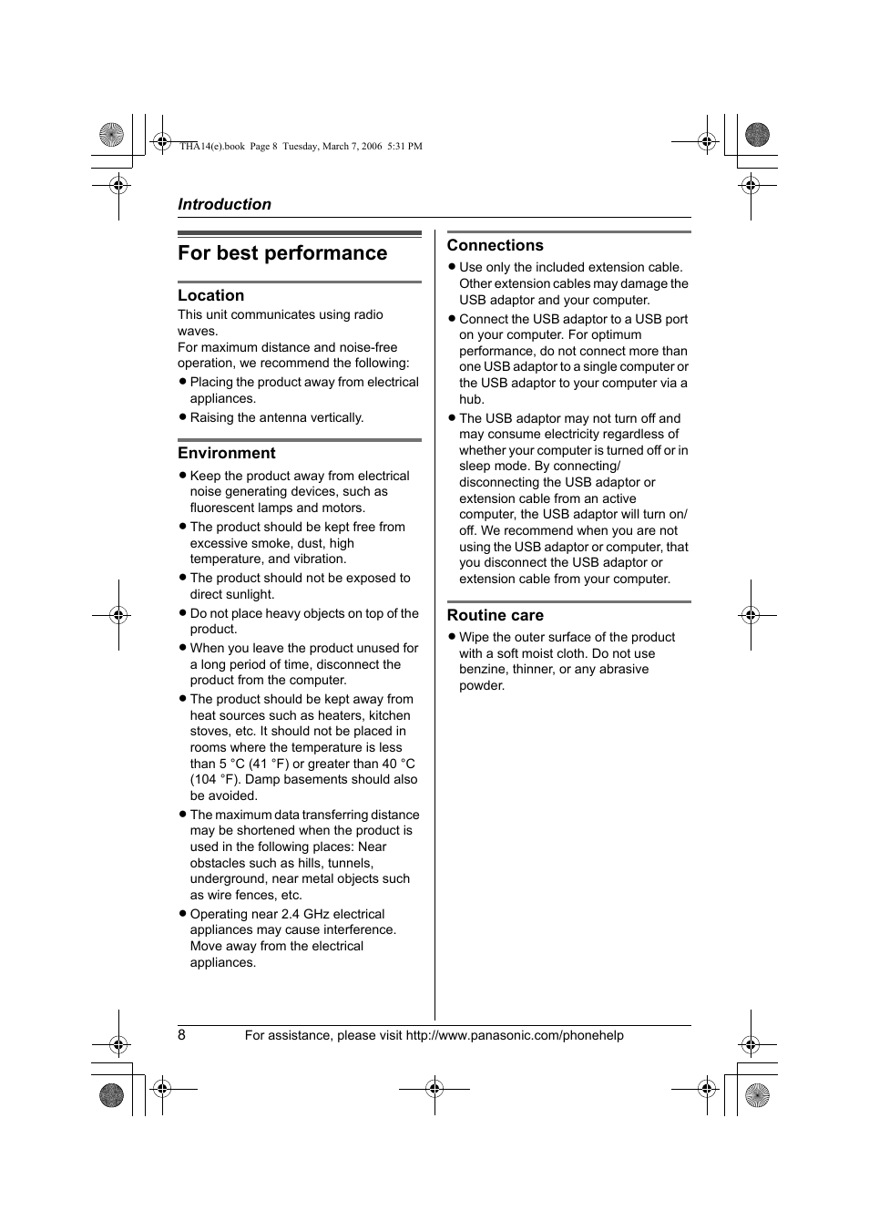 For best performance | Panasonic KX-THA14 User Manual | Page 8 / 44