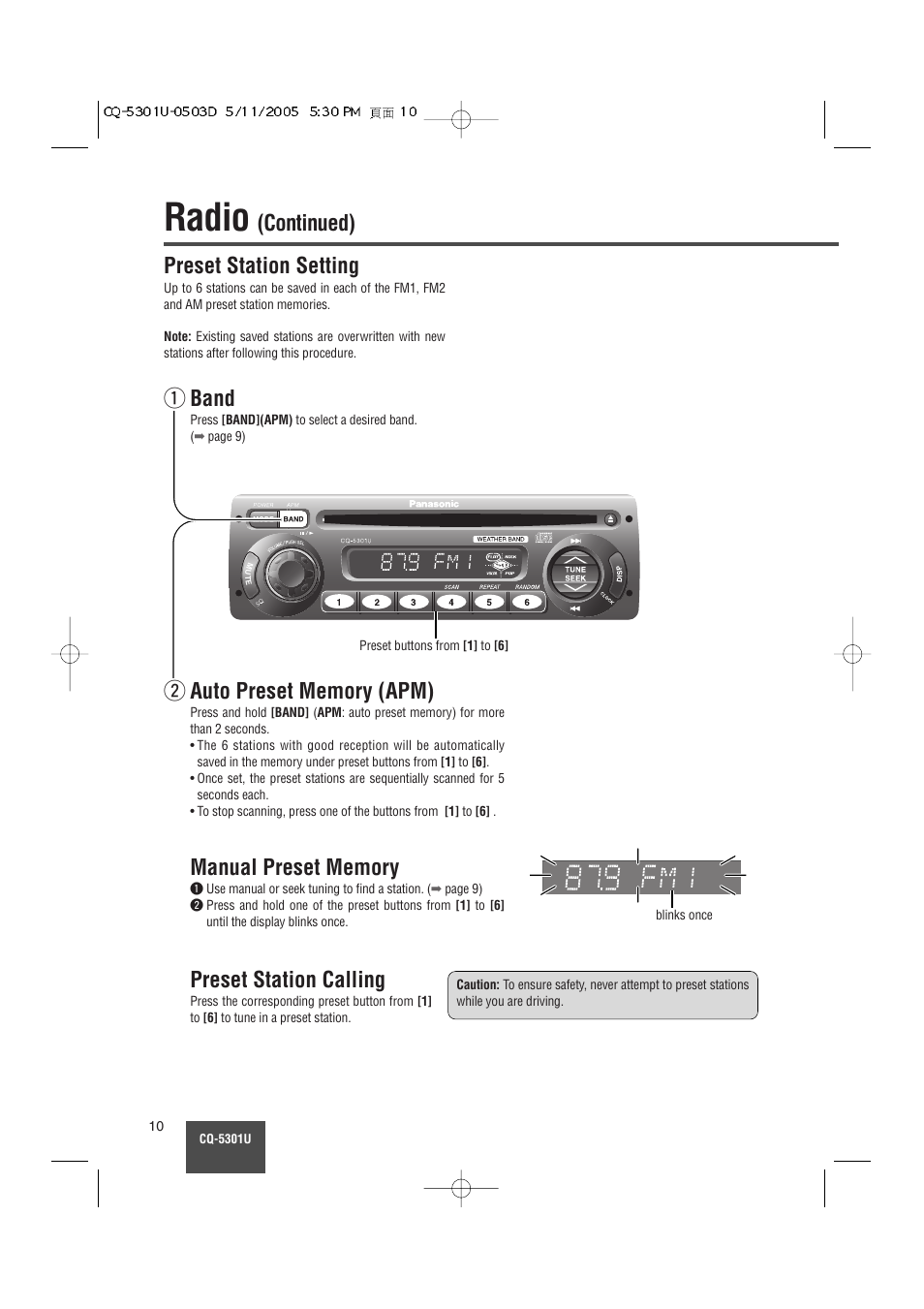 Radio, Continued), Preset station setting | Band, Preset station calling | Panasonic CQ-5301U User Manual | Page 10 / 28
