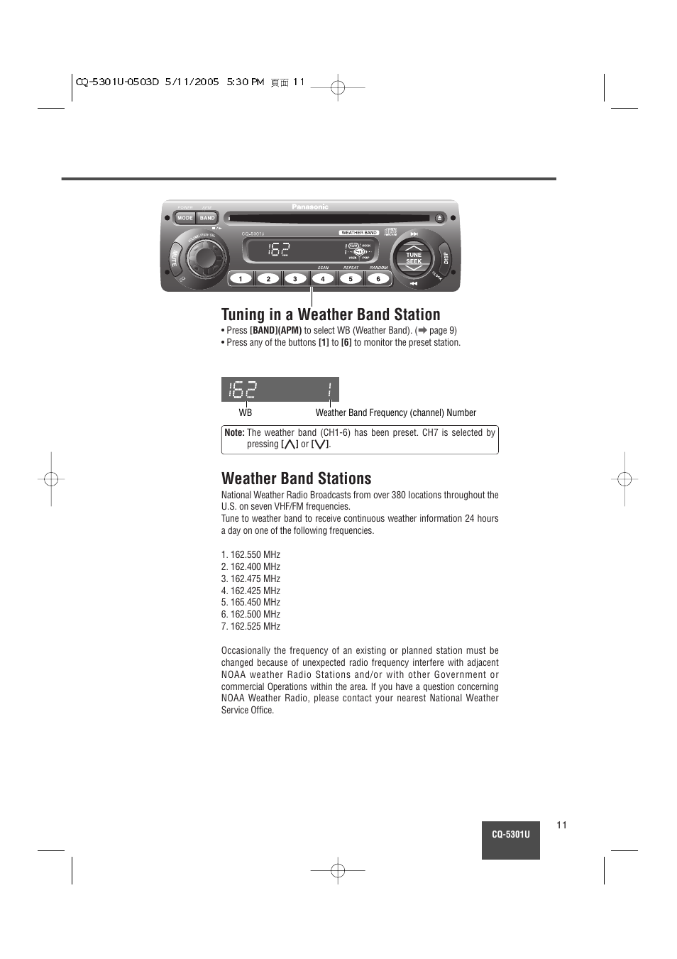 Tuning in a weather band station, Weather band stations | Panasonic CQ-5301U User Manual | Page 11 / 28