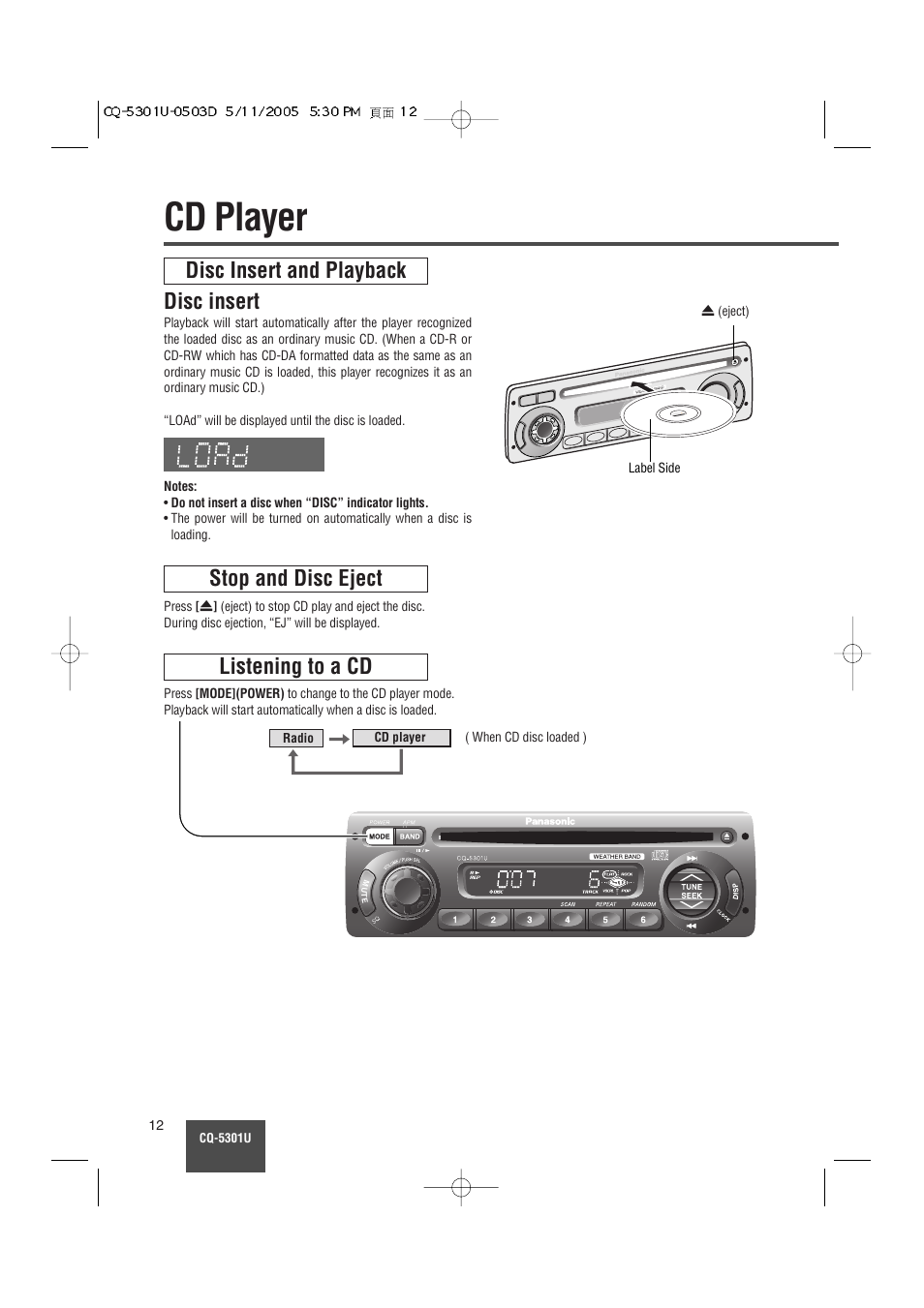 Cd player, Disc insert and playback disc insert, Stop and disc eject | Listening to a cd | Panasonic CQ-5301U User Manual | Page 12 / 28