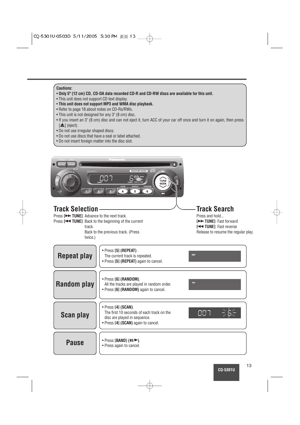 Track search, Track selection, Repeat play | Random play, Scan play, Pause | Panasonic CQ-5301U User Manual | Page 13 / 28